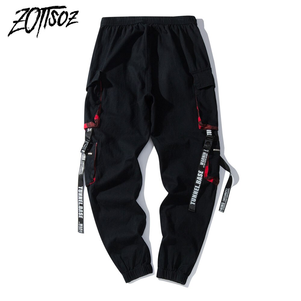Mens Harem Joggers Cargo Sweatpants Streetwear Hip Hop Multi Pockets Ribbon Sweat Pants Mens Harajuku Casual Trousers