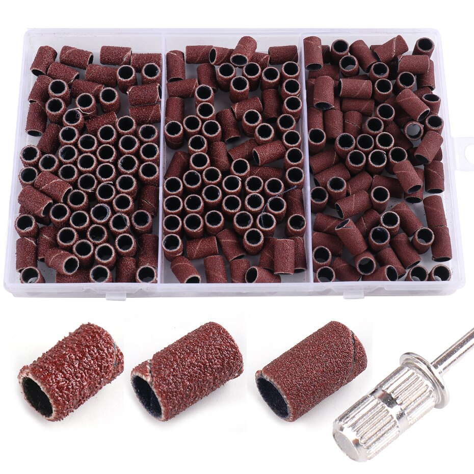 210pcs/Box Sanding Cap Bands For Electric Manicure Machine 180/120/80 Grit Nail Drill Grinding Bit Files Pedicure Tool Set