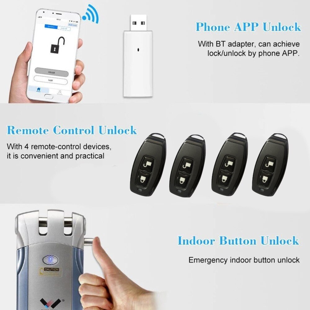 Wafu WF-018 Control remoto inalámbrico cerradura electrónica inteligente cerradura de puerta sin llave 4 controles remotos cerrojo con alarma integrada