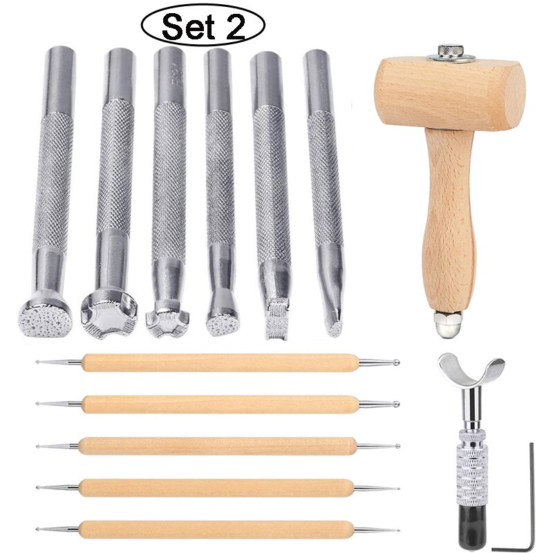 LMDZ Leather Craft Tools Kit Stitching Stamping Embossing Punch Saddle Groover Carving Hammer Set For Leather Working: Set 2 (13pcs)
