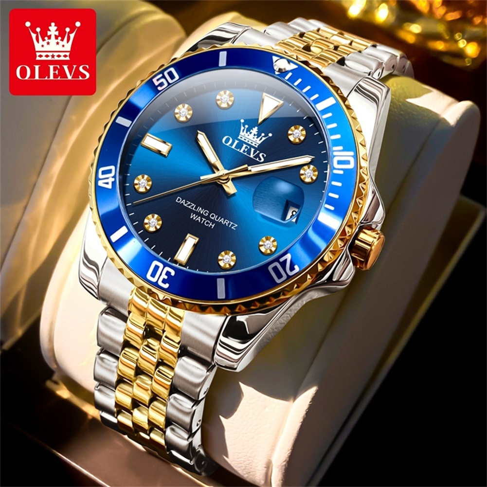 Olevs Originele Luxe Mannen Horloge Kalender Groen Waterdicht Quartz Horloge Voor Mannen Rvs Band Lichtgevende Diamant Schaal: Rose