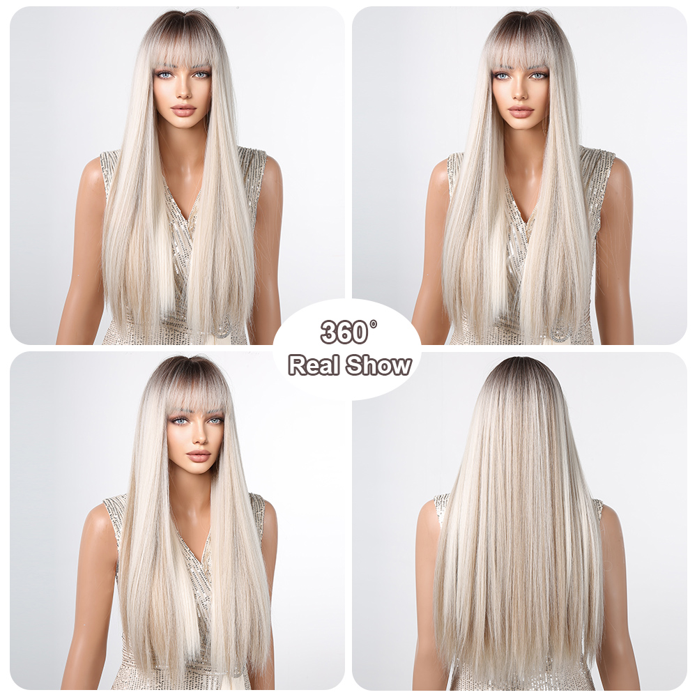 Easihair lång silverfärgad med blonda slingor syntetiska peruker för kvinnor rak med lugg naturlig peruk cosplay-hår värmebeständigt
