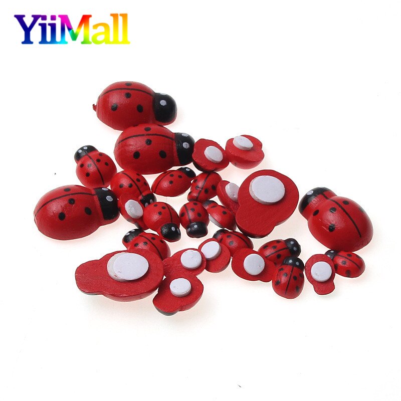 100pcs Manual Mini Wooden Red Ladybug Self-adhesive Stickers Fridge Magnets Wall Stickers Scrapbooking Home Decoration