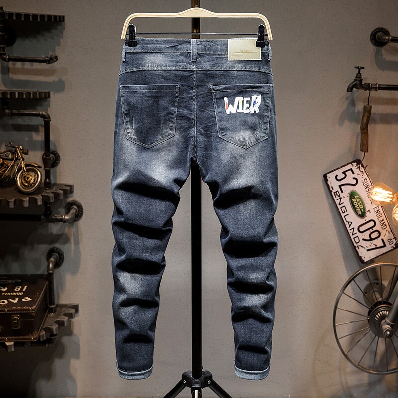 Men Jeans Patchwork Ripped Hole Male Denim Pants Letter Printing Casual Hip Hop High Street Mens Clothing