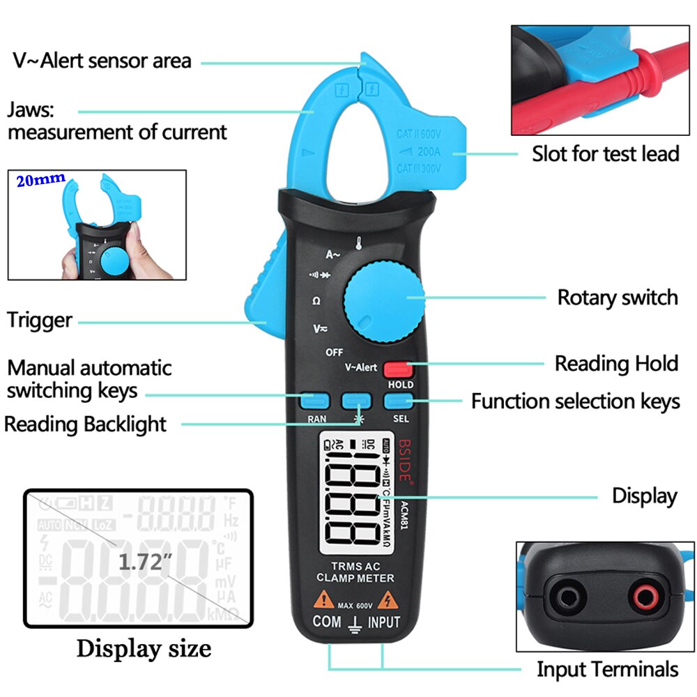 BSIDE ACM81 Clamp Meter 1mA Accuracy Auto-Rang Digital Multimeter Current DC AC Voltage Diode NCV Temperature Tester