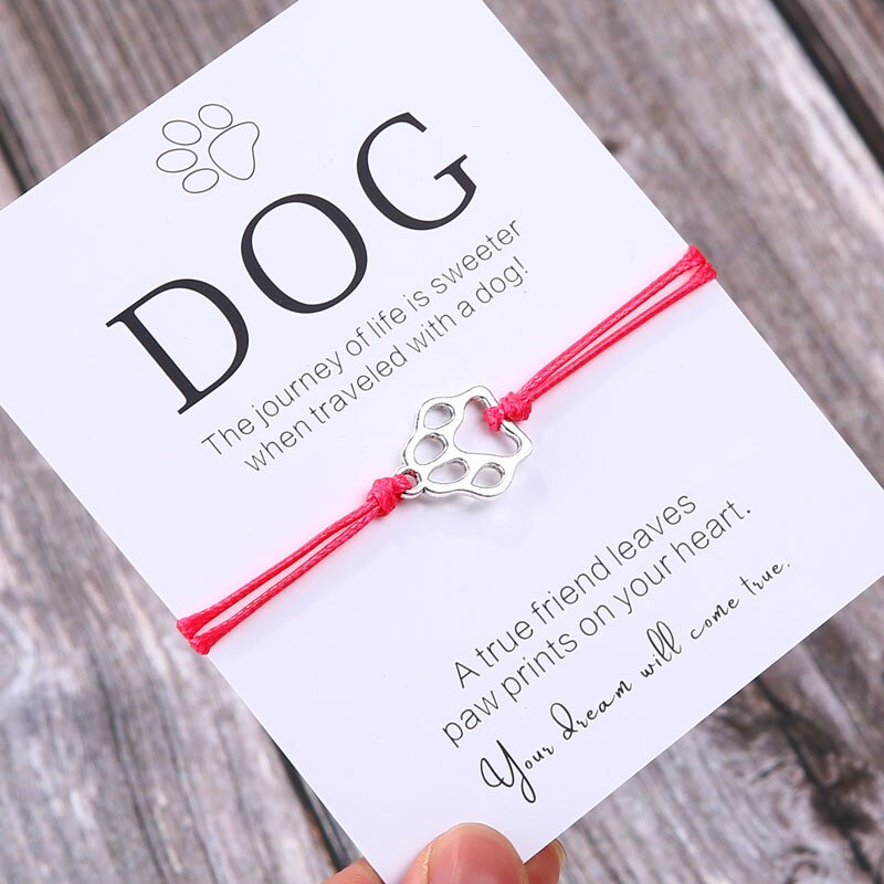 Pulsera de la amistad para él, brazalete con estampado de pata, para amantes de los perros, joyería de deseos, para padres y perros: Silver-Rose Red