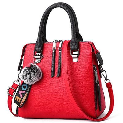 LANLOU PU Leder Frauen taschen Messenger Tasche Pelz Ball Crossbody Klappe Taschen Weibliche Schulter Tasche Einfarbig Handtaschen: Rot