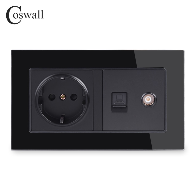 COSWALL EU Standard Wall Socket + Female TV Jack With Internet Computer Data RJ45 CAT5E Connector Tempered Crystal Glass Panel