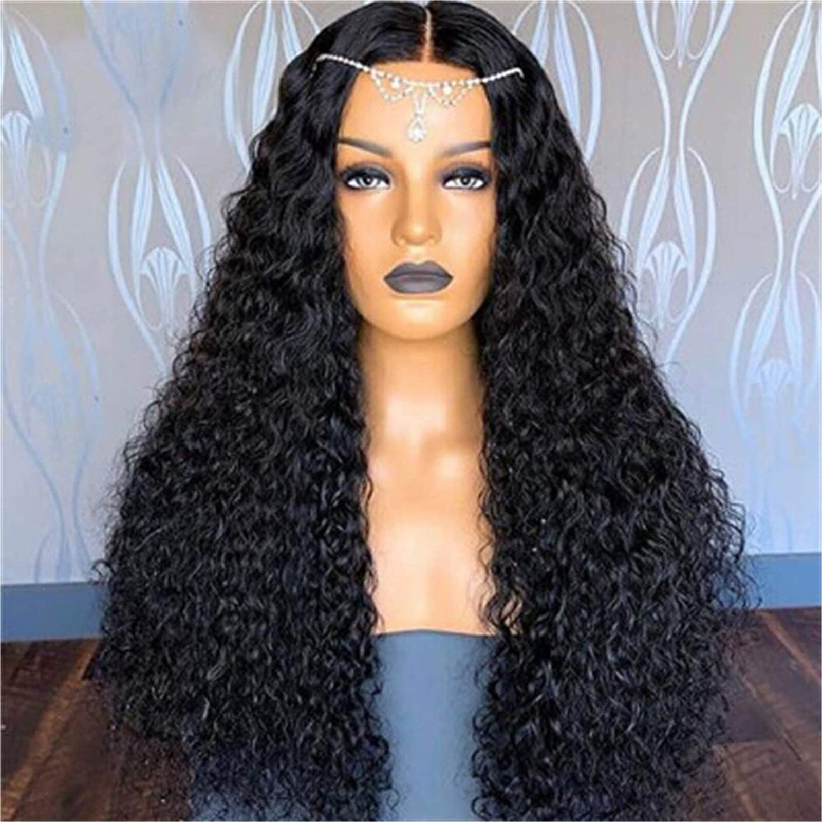 Peluca de pelo rizado negro para mujer, largo sintético Afro, División Midd, fibra resistente al calor, Media peluca atada a mano # g30