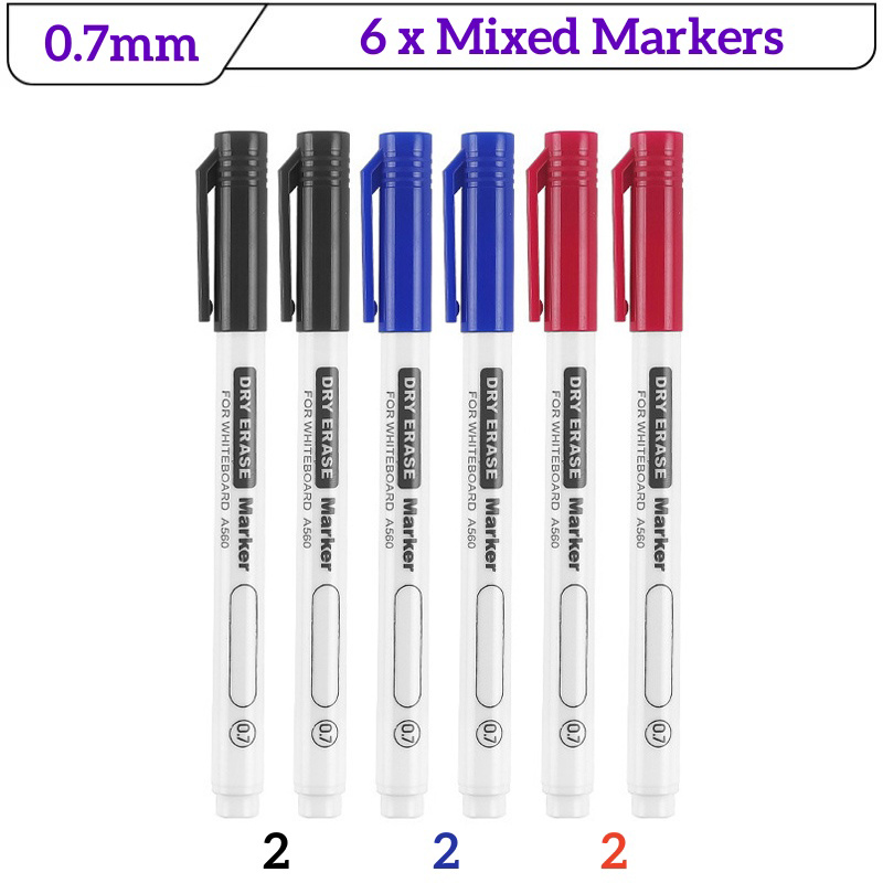 6 Stuks Fijne Tip Droog Wissen Markers Set 0.5/0.7/1.0mm Dunne Whiteboard Pennen Zwart Blauw Rood uitwisbare Markers voor Onderwijs Kantoor