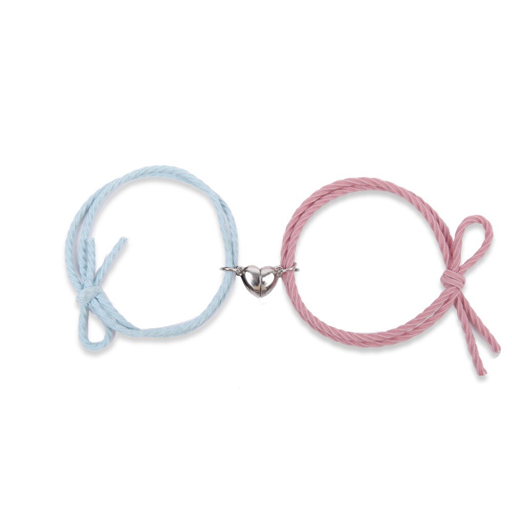 2Pcs Couple Minimalist Heart Lovers Matching Friendship Bracelet Rope Braided Magnetic Distance Bracelet Kit Lover Jewelry: Blue Pink Heart