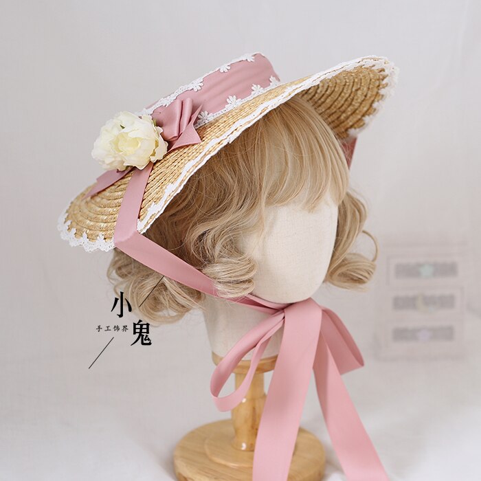 Sombrero de paja de flor con lazo bonito de Lolita, tocado para niñas, sombrilla plana, sombrero plano, adornos para el cabello hechos a mano, Cosplay: Han Pink