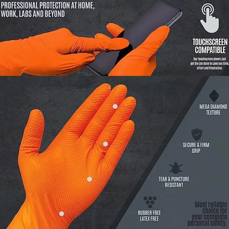 Nitrilhandschoenen 8Mil Heavy Duty Oranje Industriële Wegwerphandschoenen met Diamanttextuur Handgreep Monteur Veiligheid & Werk 10/30/50PCS