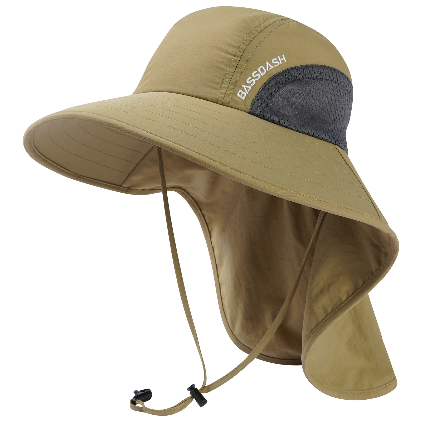 Bassdash UPF 50 + Unisex, sombrero de Sol de ala ancha resistente al agua con solapa de cuello grande, gorro de pesca con cola de caballo para hombres y mujeres: Dark Khaki