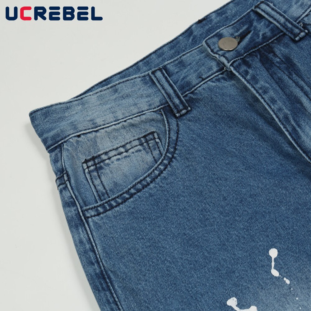 Ripped Splash Inkt Print Denim Broek Heren High Street Casual Losse Rechte Pijpen Broek Streetwear Verontruste Jeans Broek Mannen