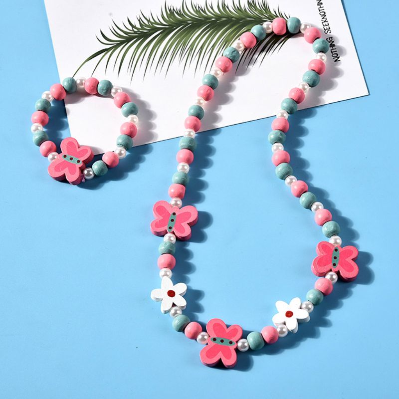 1 set kinderen mix kleur houten kralen ketting armband meisjes prinses sieraden