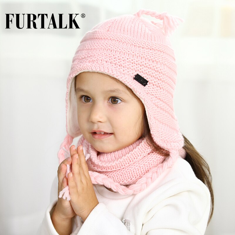FURTALK Children Winter Hat with Ears Girls Boys pompom Hat Scarf Set for Baby Kids Knitted Earflap Hats Pink White Black Cap