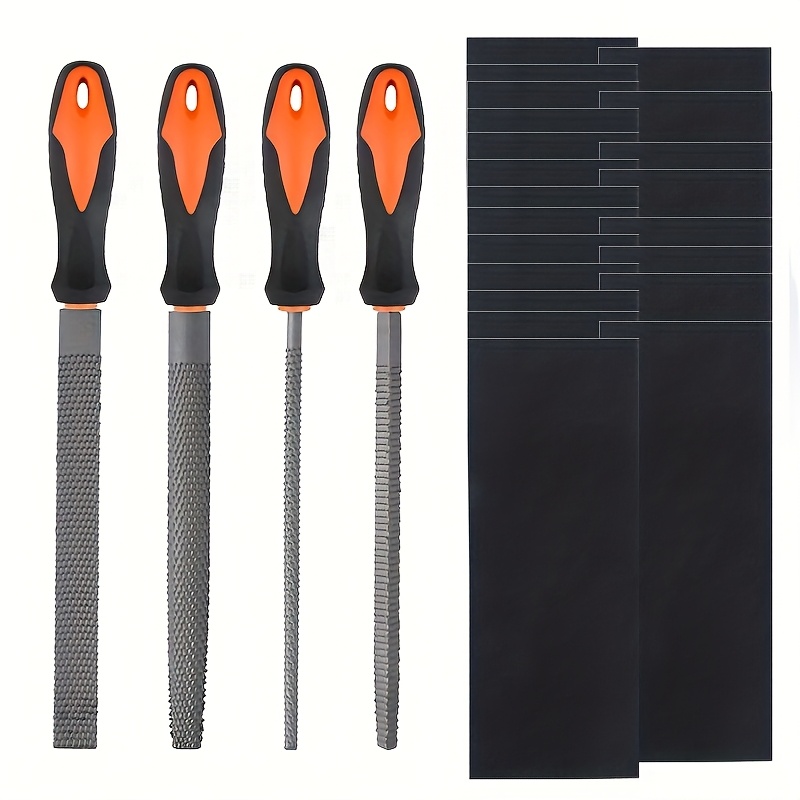 Lima de madera, escofina 4 piezas, juego de limas de madera, escofina de madera, 24 piezas de papel de lija, escofinas de madera para carpintería, limas de carpintería, redondas, semi-ros: Default Title