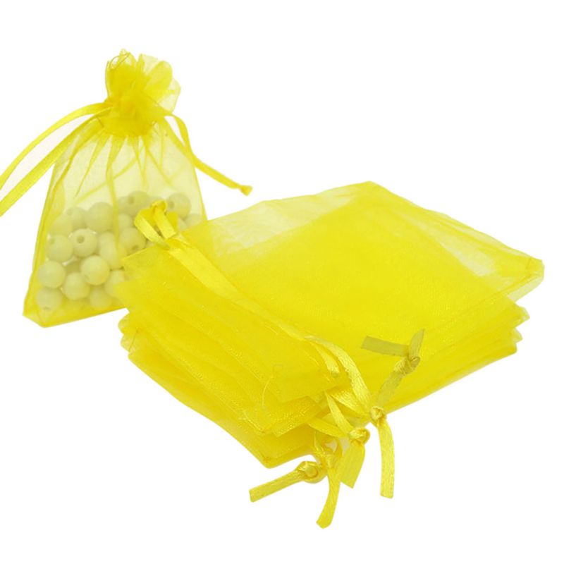 100 Pcs Organza Bags Wedding Gunsten Zakken Sieraden Koord Tassen Mesh: Geel