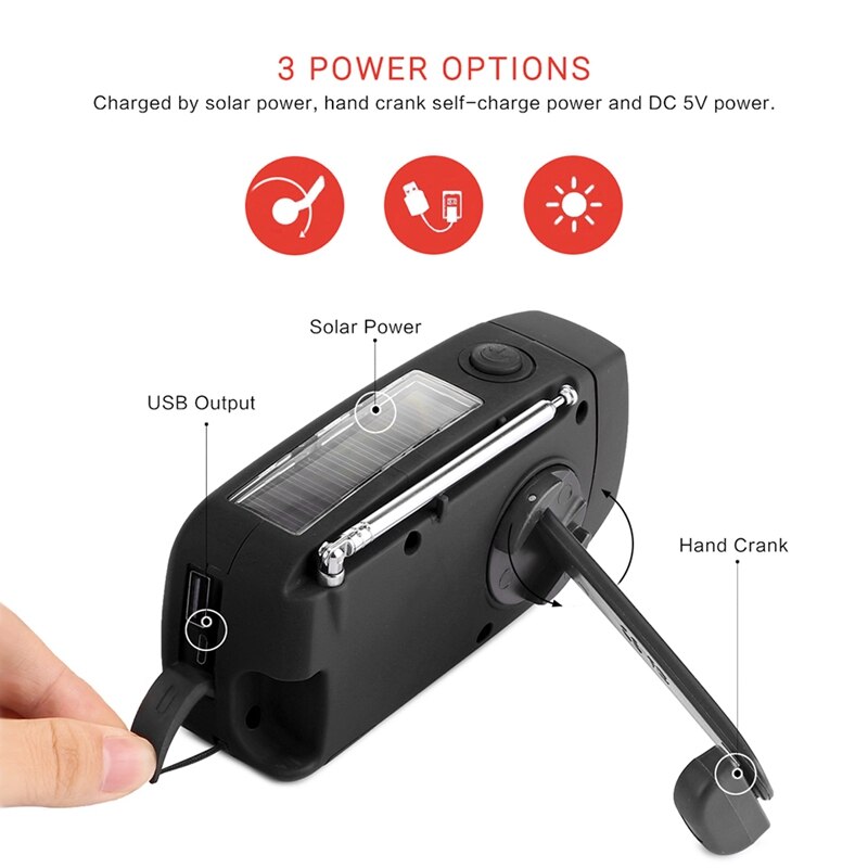 A+ multifunctionele handradio op zonne-energie, aangedreven door een dynamo, am/fm/noaa weerradio, noodzaklamp en powerbank