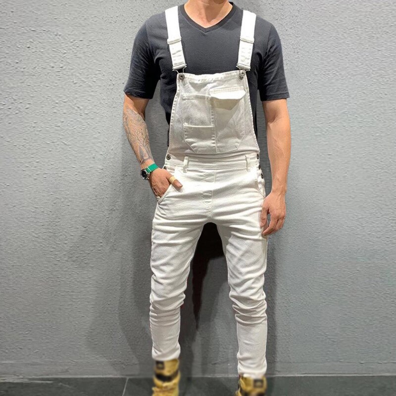 Hommes Denim Jeans salopette salopette combinaison Slim Fit bavoir pantalon décontracté coréen vêtements combinaison hommes: WHITE / XXXL