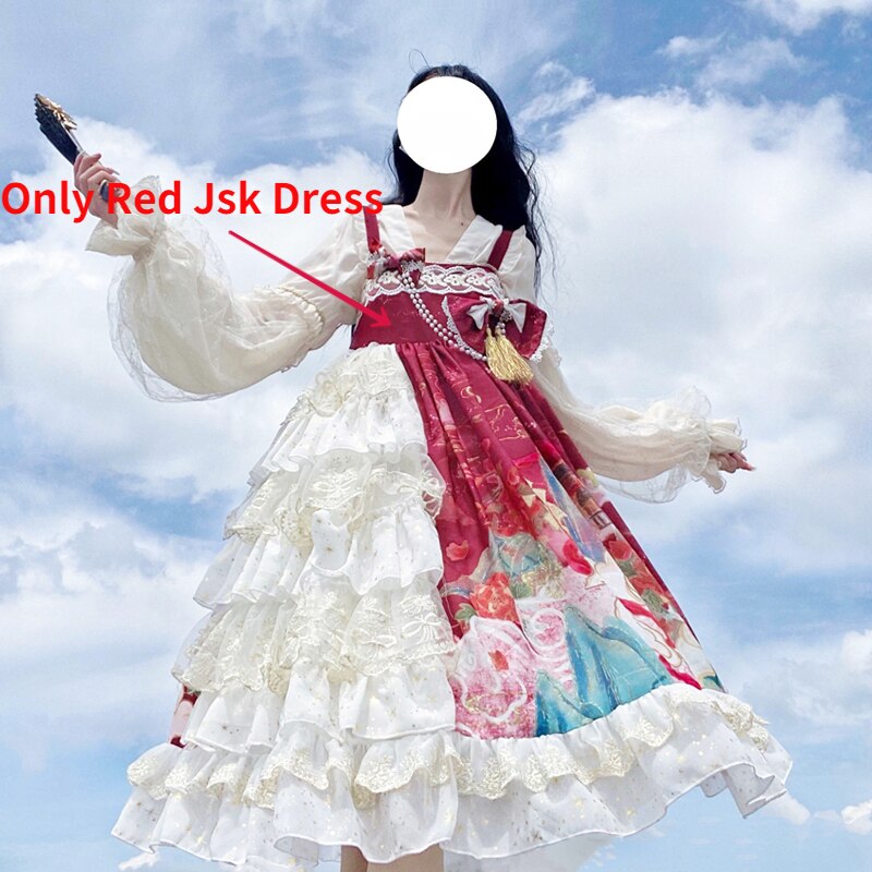 Robe Lolita JSK en dentelle pour filles, tenue de princesse sans manches, Vintage, Chic, imprimé, nœud, mignon: Red Jsk Dress / S