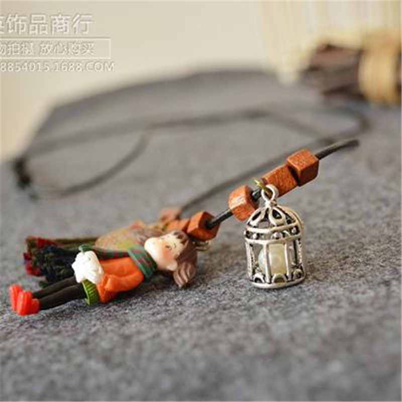 8SEASONS Wood Handmade Square Beads Necklace Girl Owl Birdcage Vintage Long Sweater Necklace Jewelry 100*2.2cm, 1 Piece