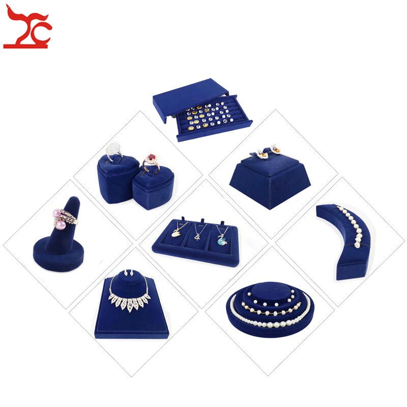Velvet Jewelry Display Holder Blue Ring Necklace Bracelet Jewelry Organizer Storage Stand Engagement Jewelry Counter Showcase