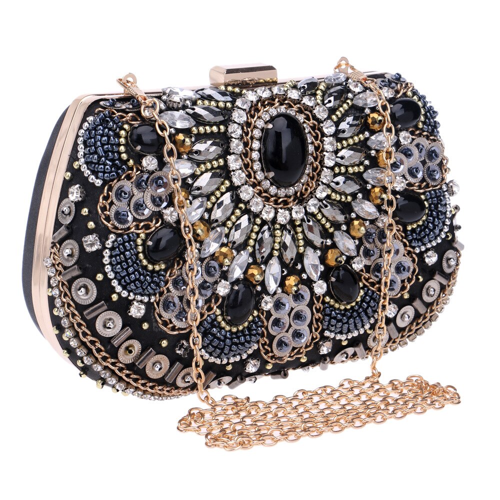 Rhinestone Diamond Evening Bag Women Black Shell Hand Bag Bridal Wedding Party Purse Ladies Crystal Bead Day Clutch Chains bag