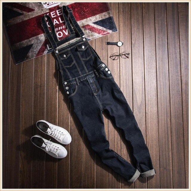 Korean style hip hop Plus Size 4XL Black Denim Slim Jumpsuit Male Suspender Bib Long Pants Casual Jeans Overalls 060806: 12 / S