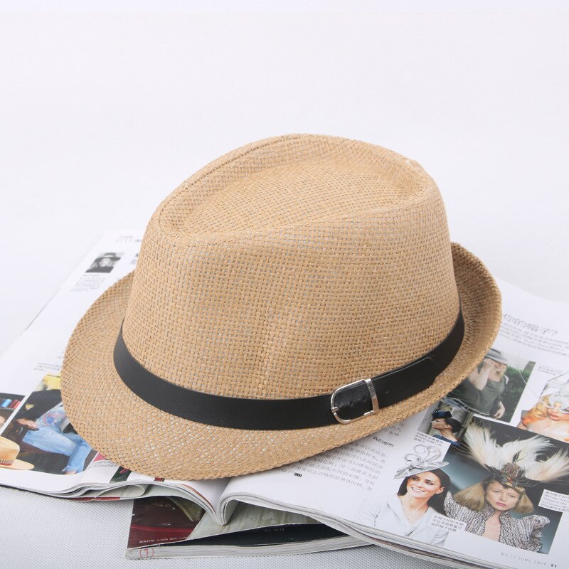 Jazz männer Hut Woven Stroh Sonnenschirm Hut Lässig Hut Gürtel Schnalle Strand Hut Stroh Sonnenhut Weiß Hochzeit Schwarz Gürtel frauen Fedoras Gorro: NO.1-Khaki