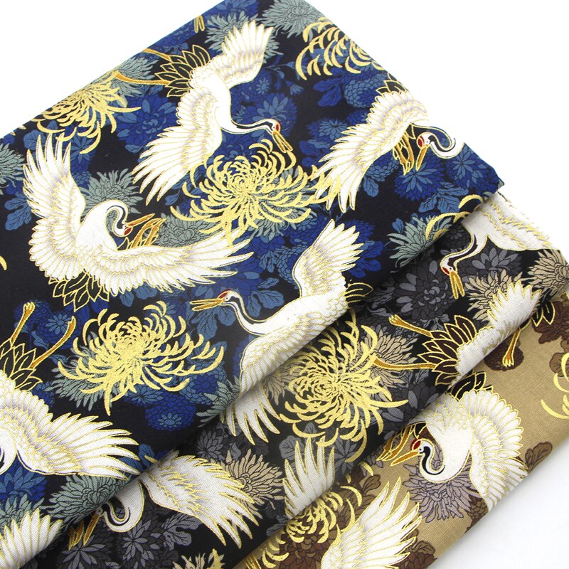 145Cm X 50Cm Japanse Crane Katoen Stof Bronzing Goud Gedrukt Stof Handgemaakte Diy Patchwork Tas Kimono Stof
