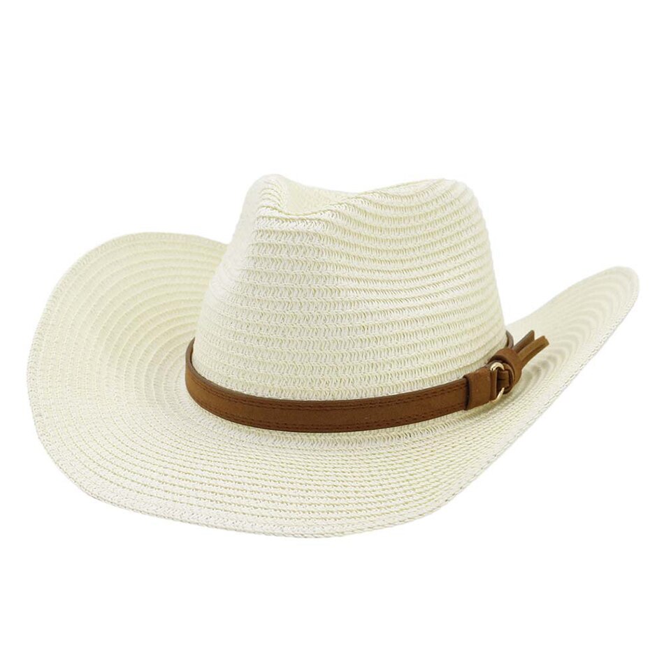 HOAREE, sombrero de vaquero de verano para hombre, sombrero de paja azul marino para el sol con cinturón, sombrero ancho Vintage para mujer, gorros de vaquera para decoración de playa, sombreros UV: Off-white