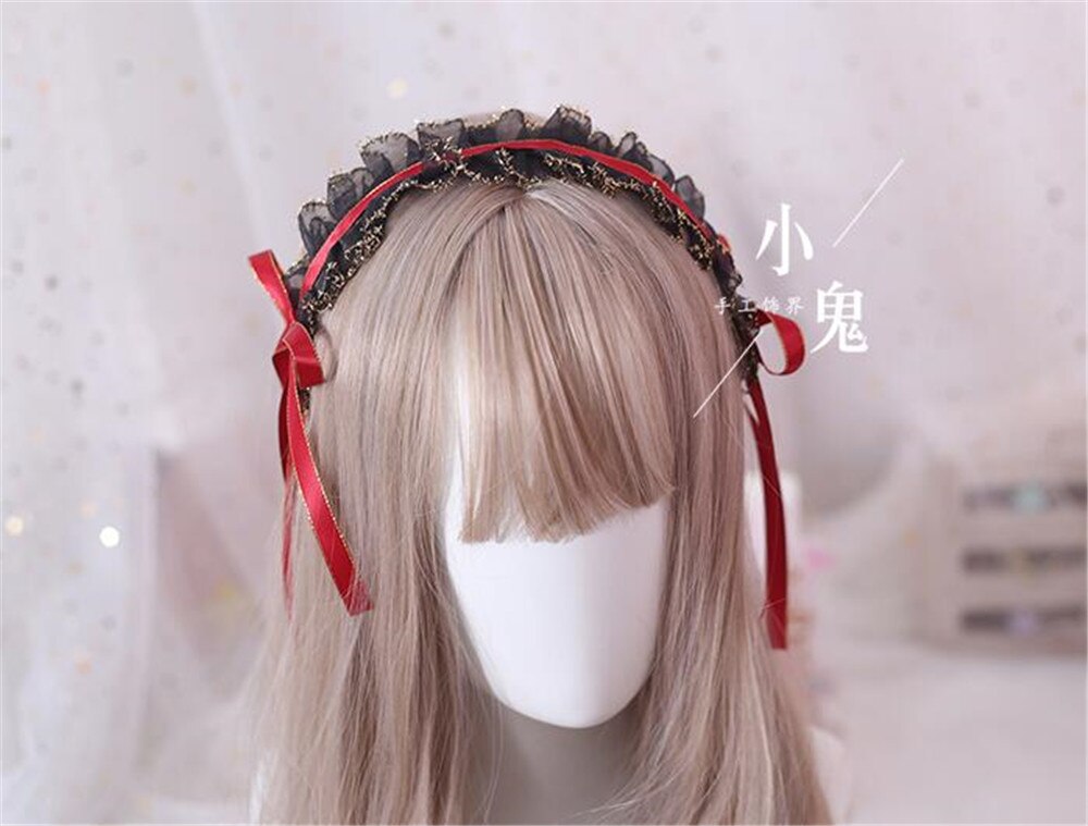 Gótico Lolita negro encaje cinta lazo pelo banda japonés coreano KC diadema mujeres Vintage accesorios B460: red