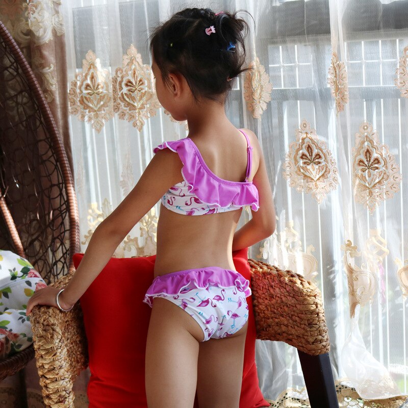 2-14 Years Baby Girl Swimsuit Kids Flamingo Cartoon Split Swimsuit Set Teenager Bikinis One Shoulder Girls Bathing Suit Ruffle
