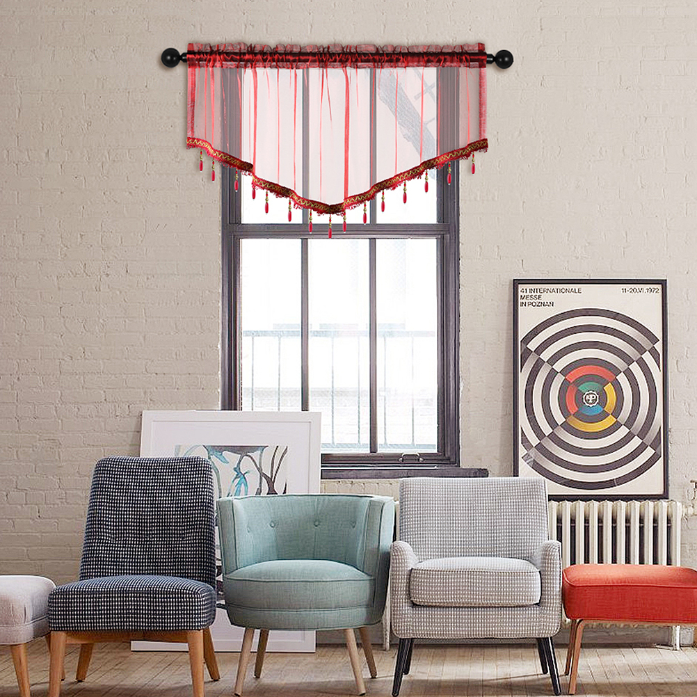 1Pc Pure Kleur Gordijn Valance Met Kralen, Staafzak, Modern Nieuw Valance Voor Woonkamer, Transparante Dunne Doorschijnende Valance: Rood