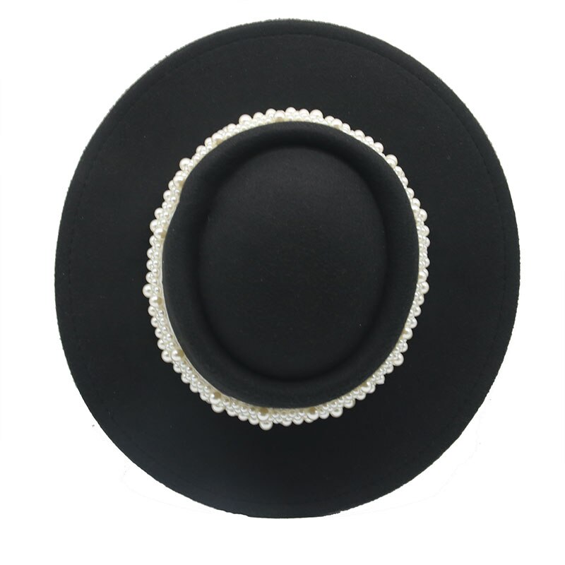 Vrouwen Hoeden Ronde Top Parel Band Formele Lente Mannen Vrouwen Vilten Hoeden Jazz Kerk Wedding Solid Klassieke Riem Zwarte Fedora hoeden