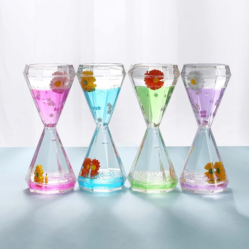 Diamond Shaped Liquid Motion Bubbler Timer Daisy Floating Oil Hourglass for Sensory Fidget Calm Relaxing Desk Toys Home Ornament