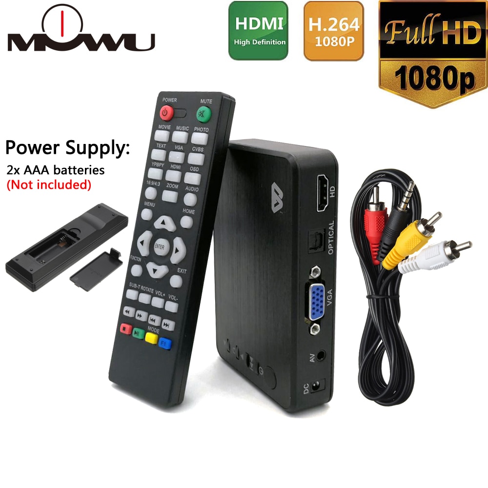 Mini reproductor multimedia Full HD Autoplay USB HDD externo SD U Disk reproductor multimedia con cargador de coche HDMI VGA AV para MKV RMVB