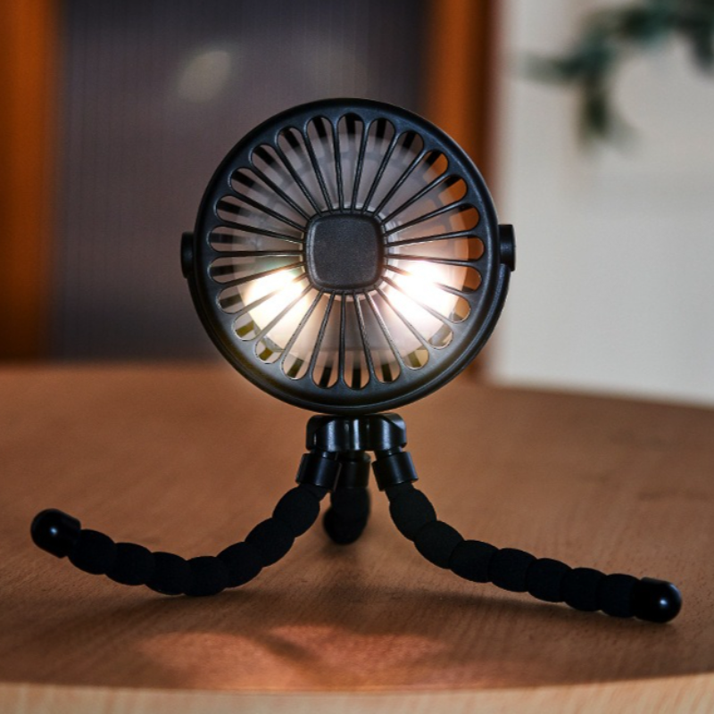Handheld stroller fan, flexible tripod fan for car seat, crib, stroller, usb rechargeable, mini desk fan with 3 speeds and lights