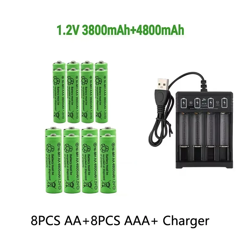 Batería recargable Original 1,2 V AA4800mAh + AAA3800mAh + cargador para ordenador reloj Radio videojuego cámara Digital AA AAAbattery: Verde