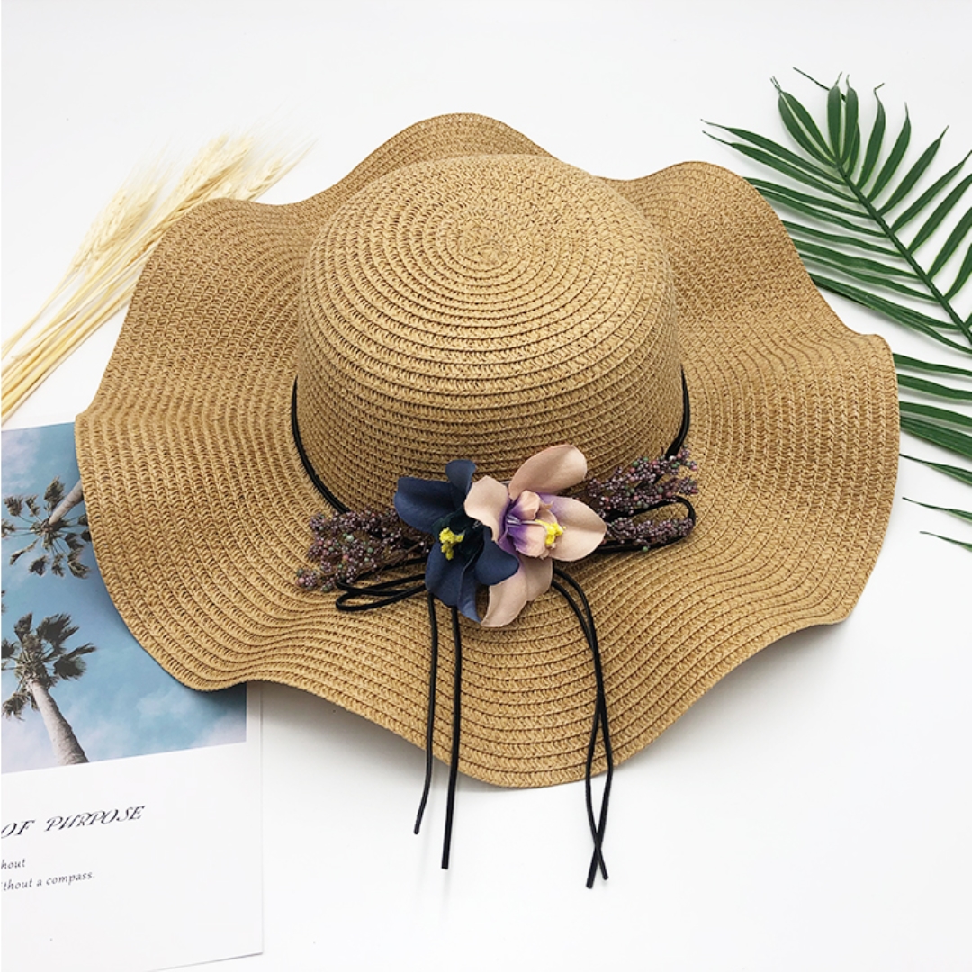 Visera ancha de paja plegable para mujer, sombrero de playa , informal, bohemio, con cordones y flores, protección solar, para verano: A