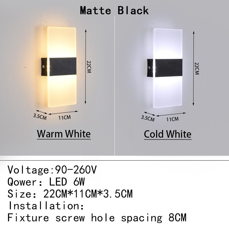 Mini 4/6/12/18W Led Acrylic Wall Lamp AC90-260V Long warm white Bedding Room Living Room Indoor wall lamp Bedroom Modern Simple: Warm White (2700-3500K) / Matte Black 22CM