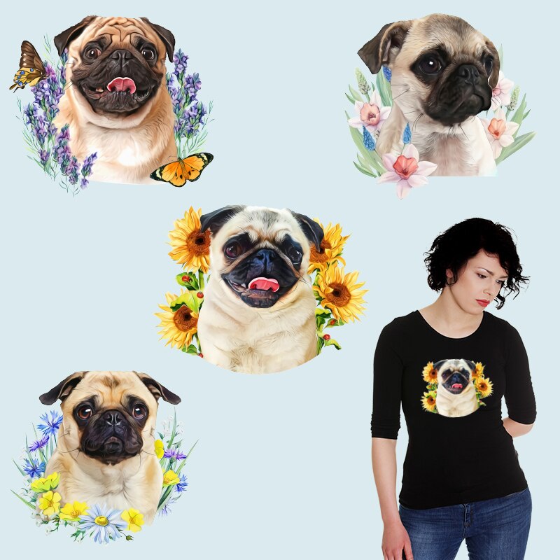 Mopshond bloemenpatronen, thermische transferprint patches voor kleding, doe-het-zelf t-shirt strijkpatches, strijkstickers