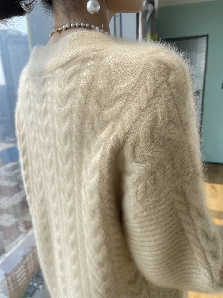 Camisola de lã de alta qualidade cardigan feminino grosso macio quente superior tecelagem flores malha roupas femininas soltas casuais roupas de inverno