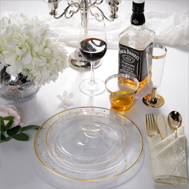60 stuks/partij bronzing gouden stippen plastic wegwerp servies voor bruiloften, feestjes, plastic bordjes, bekers, gala-feestdecoraties