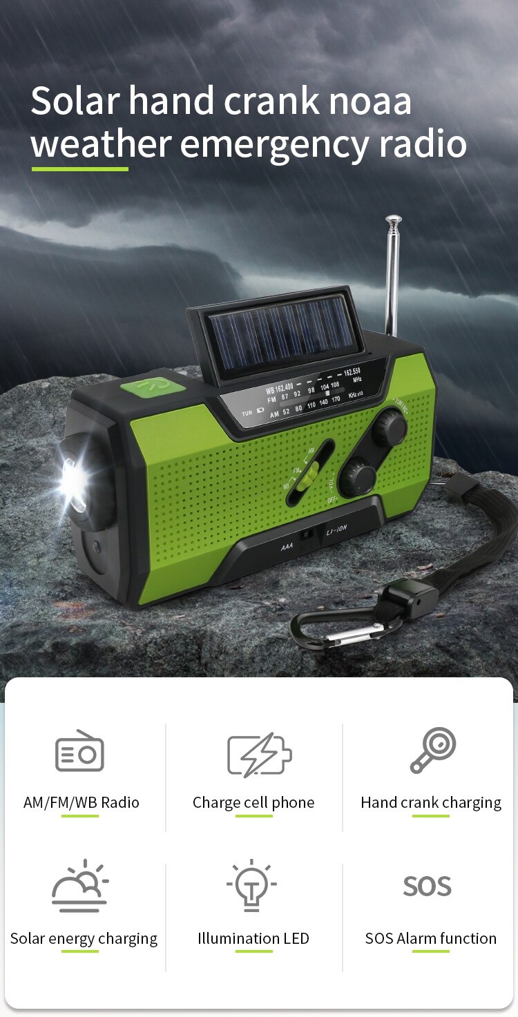 Rádio de emergência portátil multifuncional rádio de prevenção de desastres de rádio 2000mah solar com lanterna led solar powerbank rádio