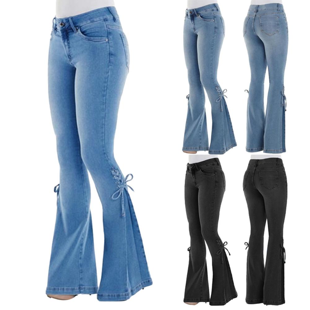 Grande taille Denim pantalon femmes Vintage Flare jean à lacets noeud maigre jambe large Denim pantalon Flare jean à lacets nœud jean moulant
