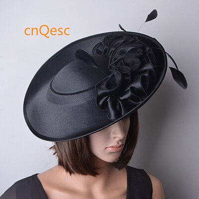 Stor matt satin fascinator sinamay hattar formell klänning hatt för bröllop damhatt lopp .qf118: Svart