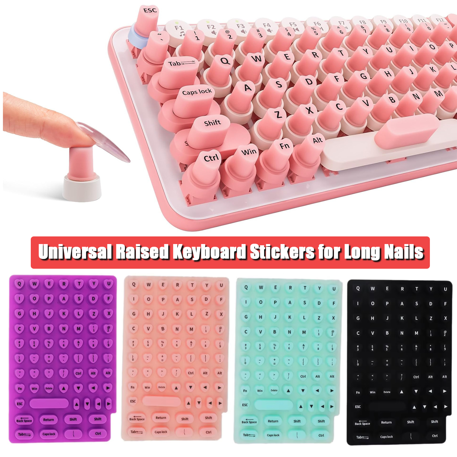 Raised Adhesive Keyboard Stickers for Long Nails Universal Nail Art Keyboard Bubbles Self-for Long Nails Silicone Typing Keycaps